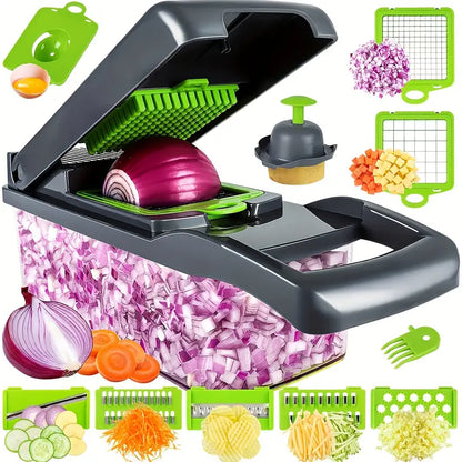 Vegetable Chopper & Fruit Slicer (Multifunctional) - Manual Food Processor with Container, Stainless Steel Blades, Perfect for Onions, Potatoes & More - Essential Kitchen Gadget