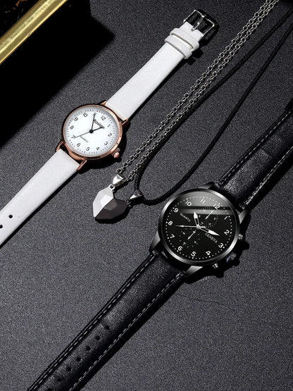 4pcs Fashion Versatile Creative Personalized Men and Women Couple Watch Quartz Watch with Love Pendant Necklace Combination Set