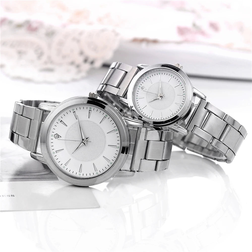 2PCS Couple's Watches Men Business Watch Fashion Stainless Steel Band Analog Women Quartz Watch(Without Box)