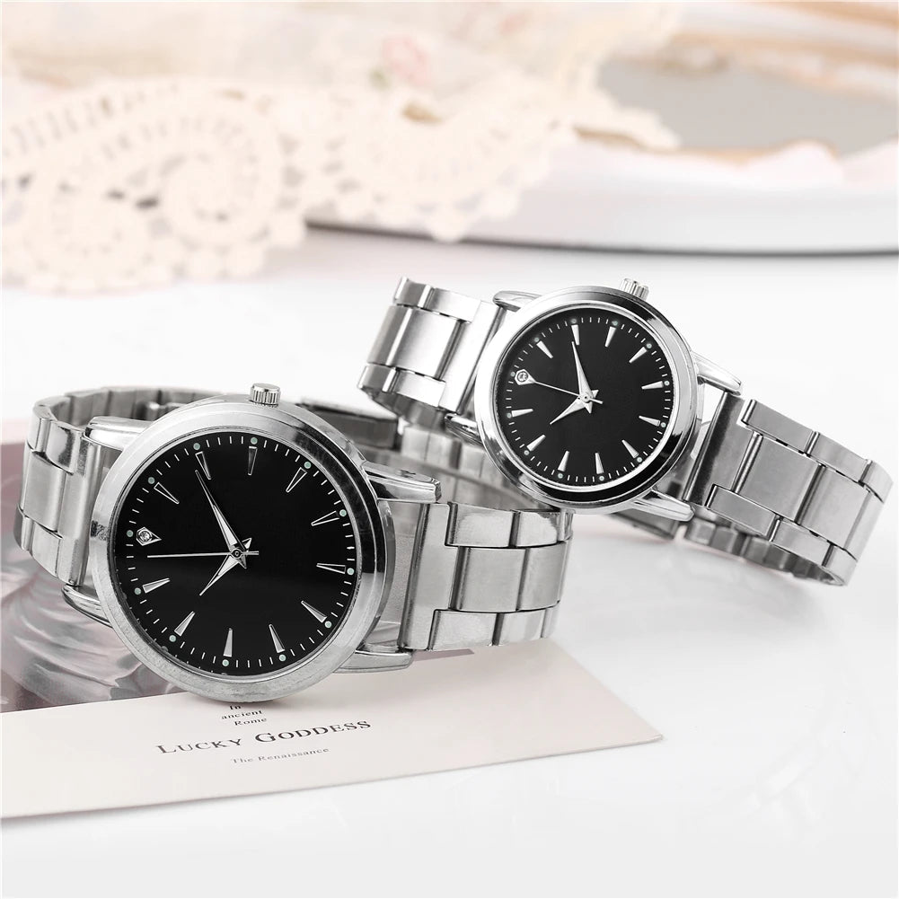 2PCS Couple's Watches Men Business Watch Fashion Stainless Steel Band Analog Women Quartz Watch(Without Box)