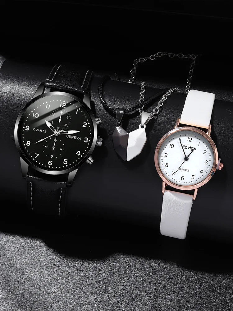 4pcs Fashion Versatile Creative Personalized Men and Women Couple Watch Quartz Watch with Love Pendant Necklace Combination Set