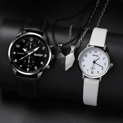 4pcs Fashion Versatile Creative Personalized Men and Women Couple Watch Quartz Watch with Love Pendant Necklace Combination Set