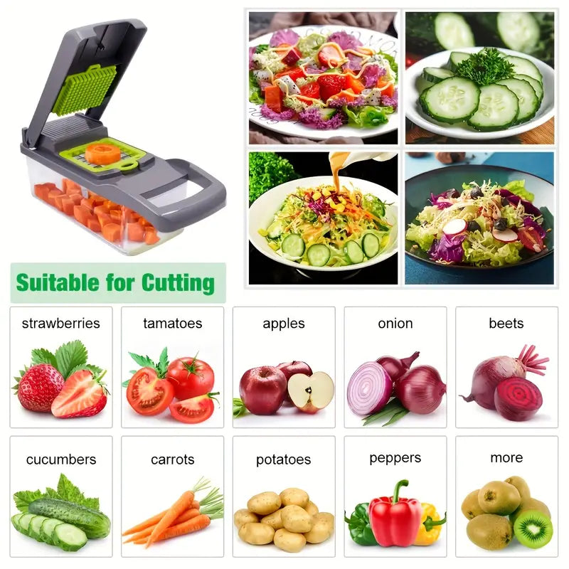 Vegetable Chopper & Fruit Slicer (Multifunctional) - Manual Food Processor with Container, Stainless Steel Blades, Perfect for Onions, Potatoes & More - Essential Kitchen Gadget